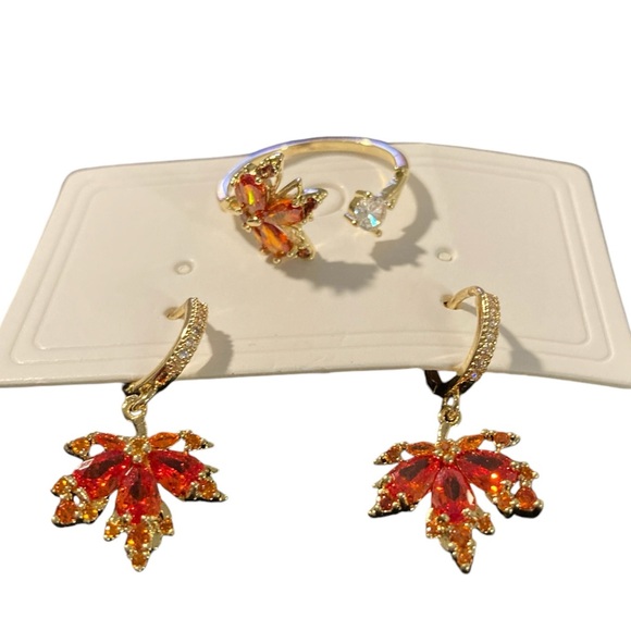 Falling leaves orange cubic zirconium and gold jewelry set - Picture 1 of 3
